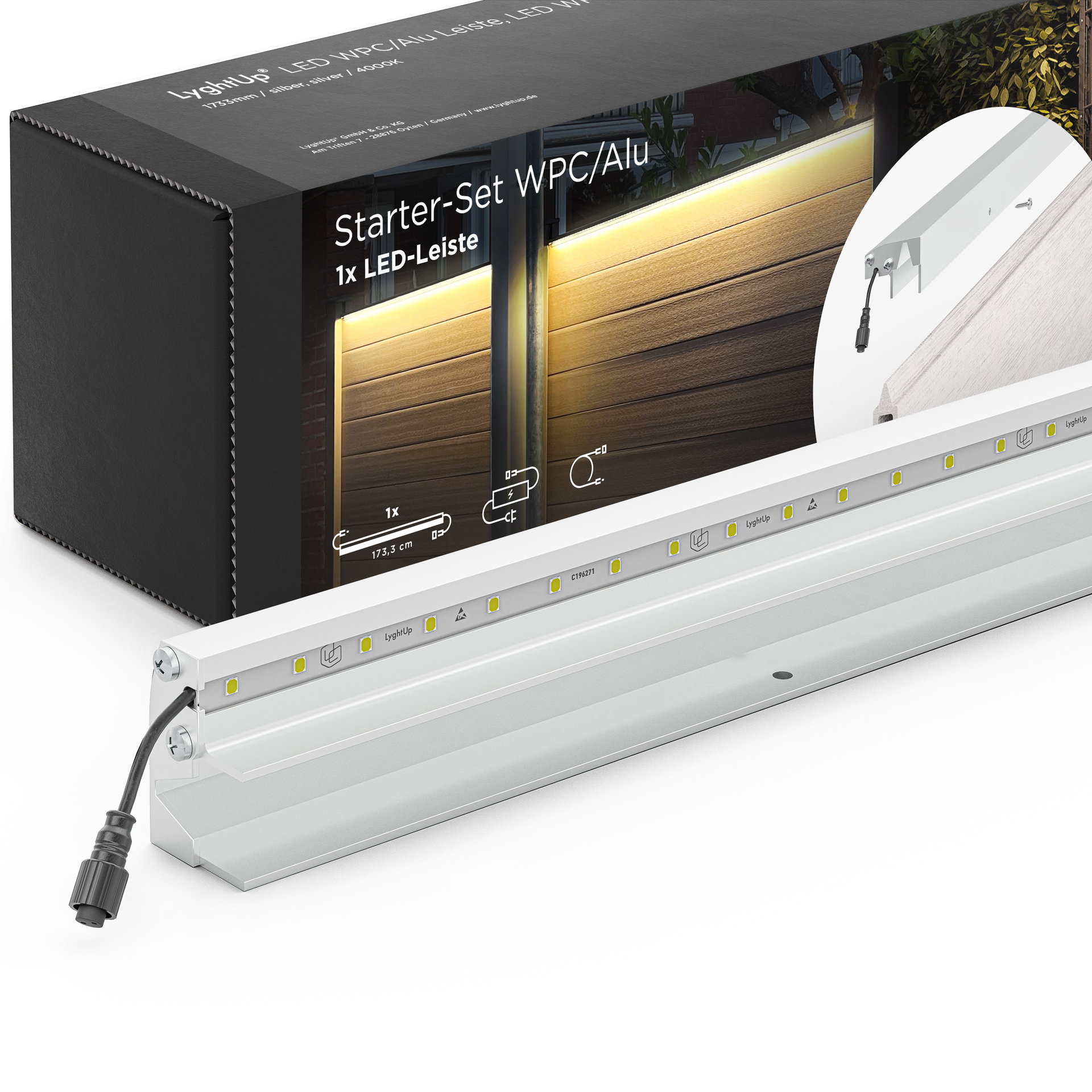 LED Prestige Leuchtleisten Starter-Set 1x 173,3 cm — silber für WPC/Alu