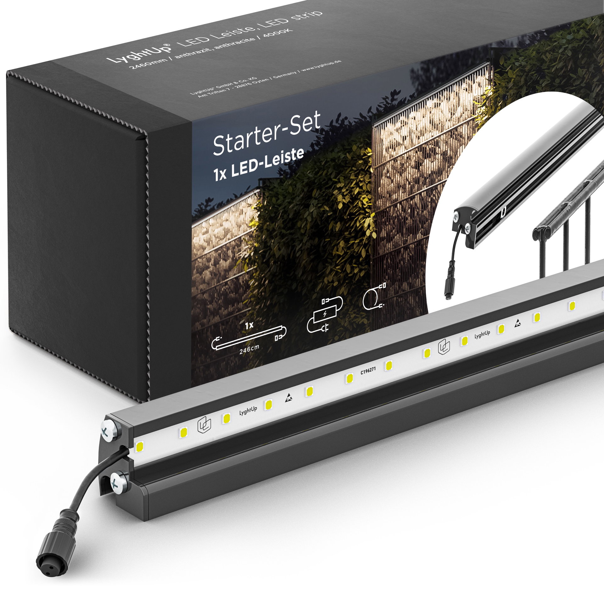 LED Prestige Leuchtleisten Starter-Set 1x 246 cm — anthrazit für Stabmatte/Gabione