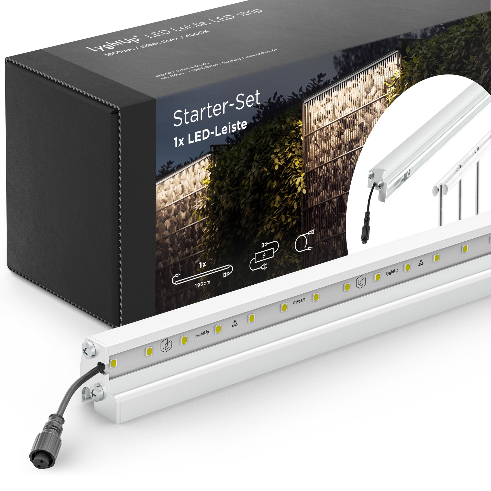 LED Prestige Leuchtleisten Starter-Set 1x 196 cm — silber für Stabmatte/Gabione