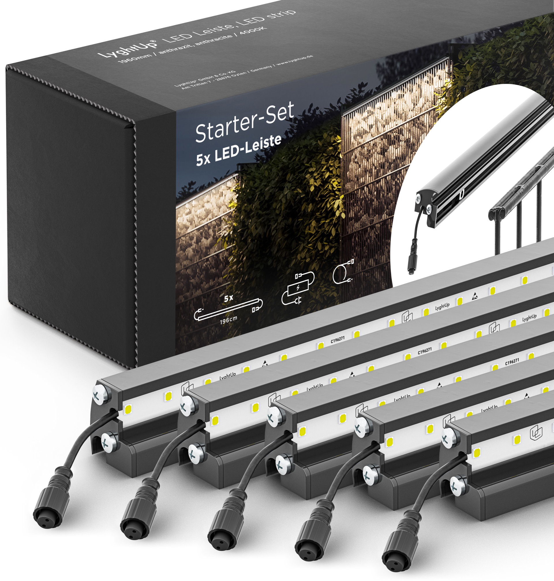 LED Prestige Leuchtleisten Starter-Set 5x 196 cm — anthrazit für Stabmatte/Gabione